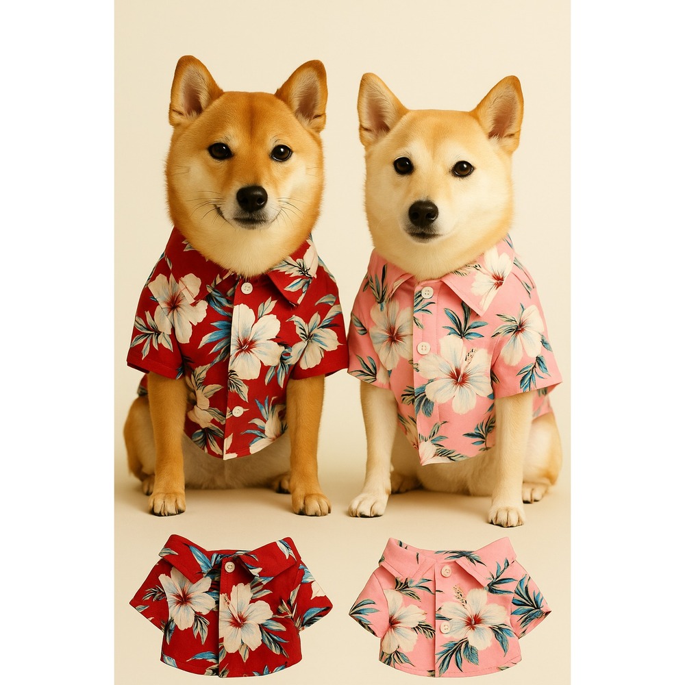 DOG HAWAIIAN SHIRT Size M – Red & Pink Floral Hibiscus Print Outfit – Cute